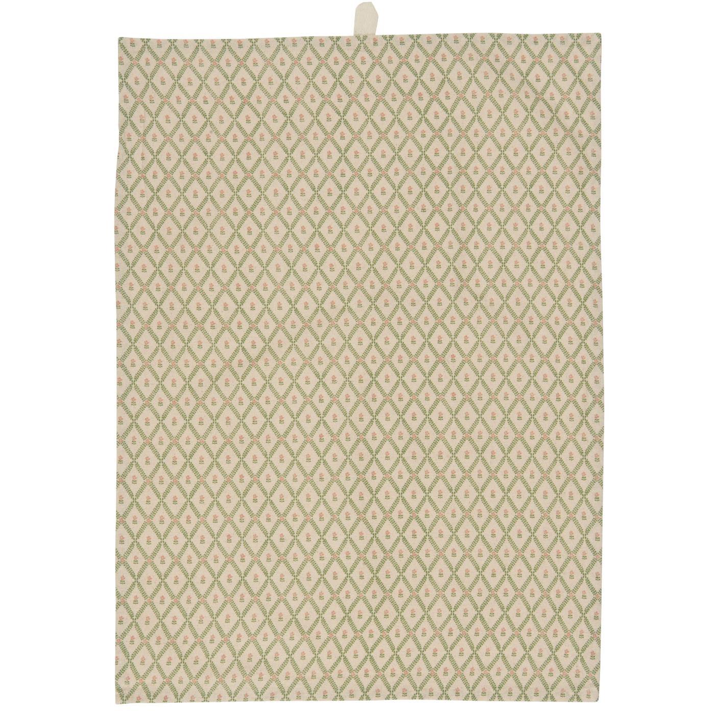 Ib Laursen Kjøkkenhåndkle Bella m/grønt rutemønster og blomster