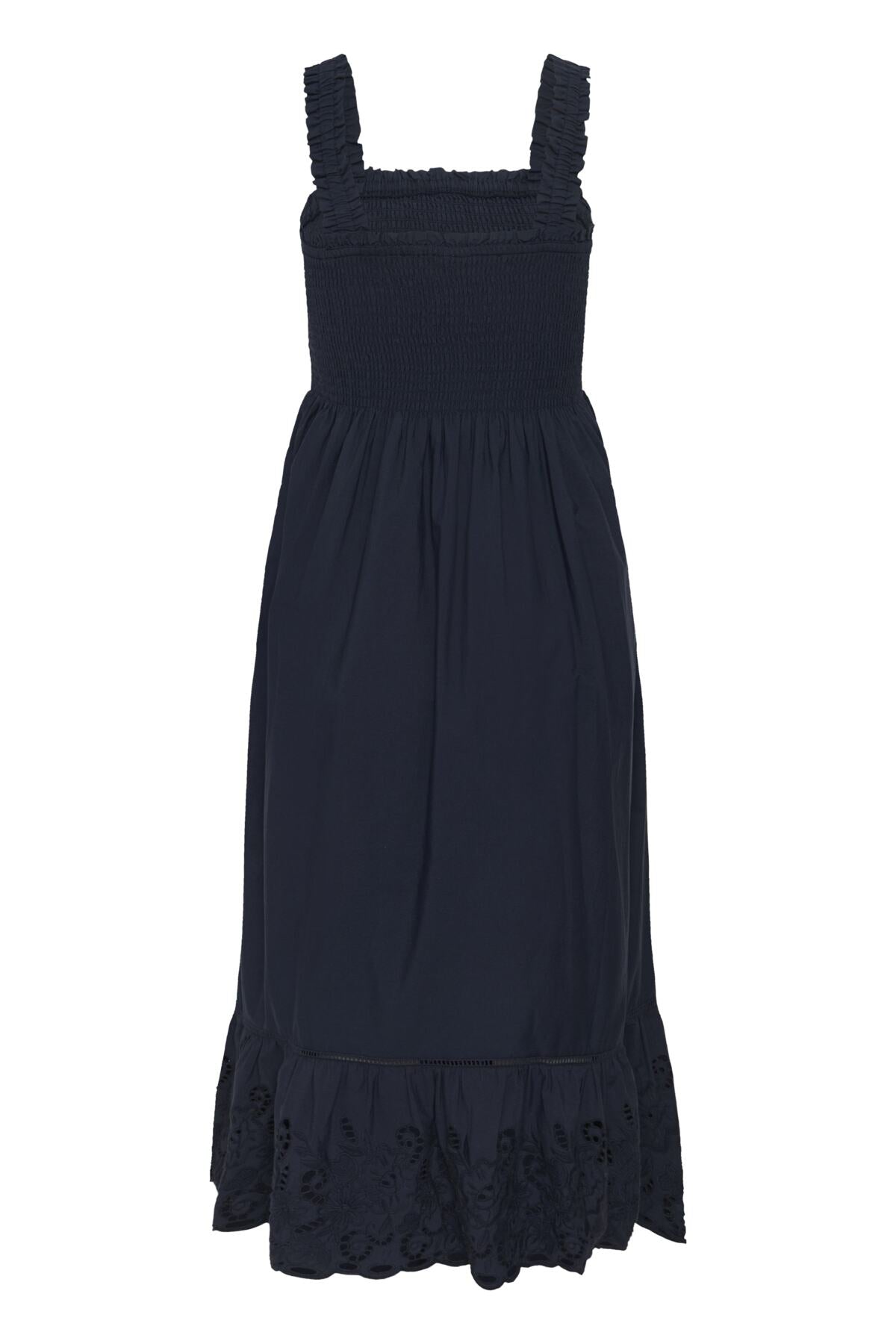 Kaffe KAgertrud Dress – Marineblå midikjole med smocket topp