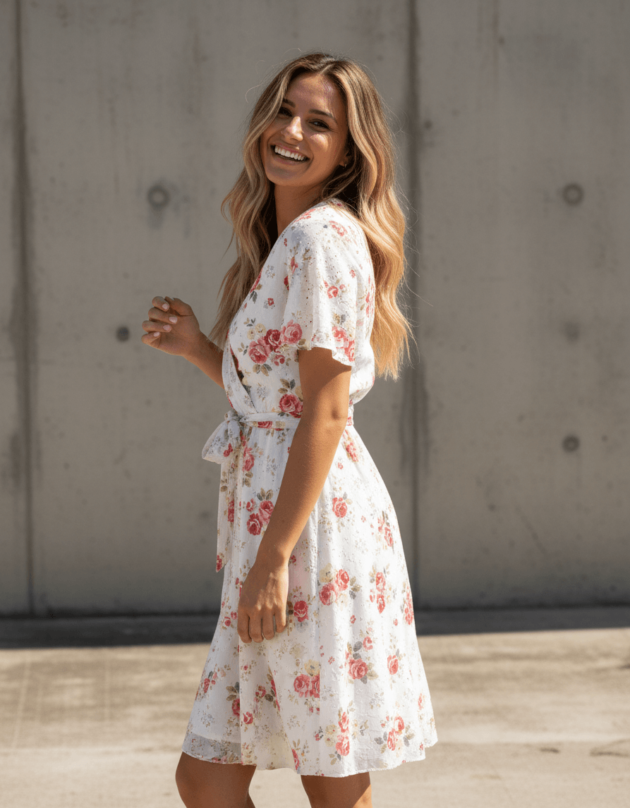 Floyd Lulu Stray – Hvit kjole med rosa blomsterprint og hullbroderier