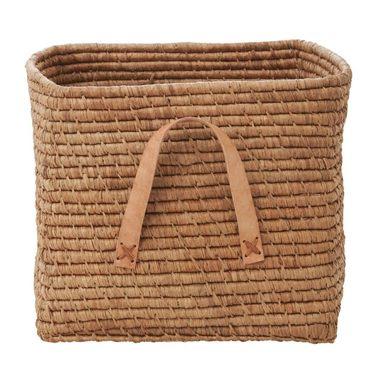 Rice Raffia Square Basket with Leather Handles - Tea