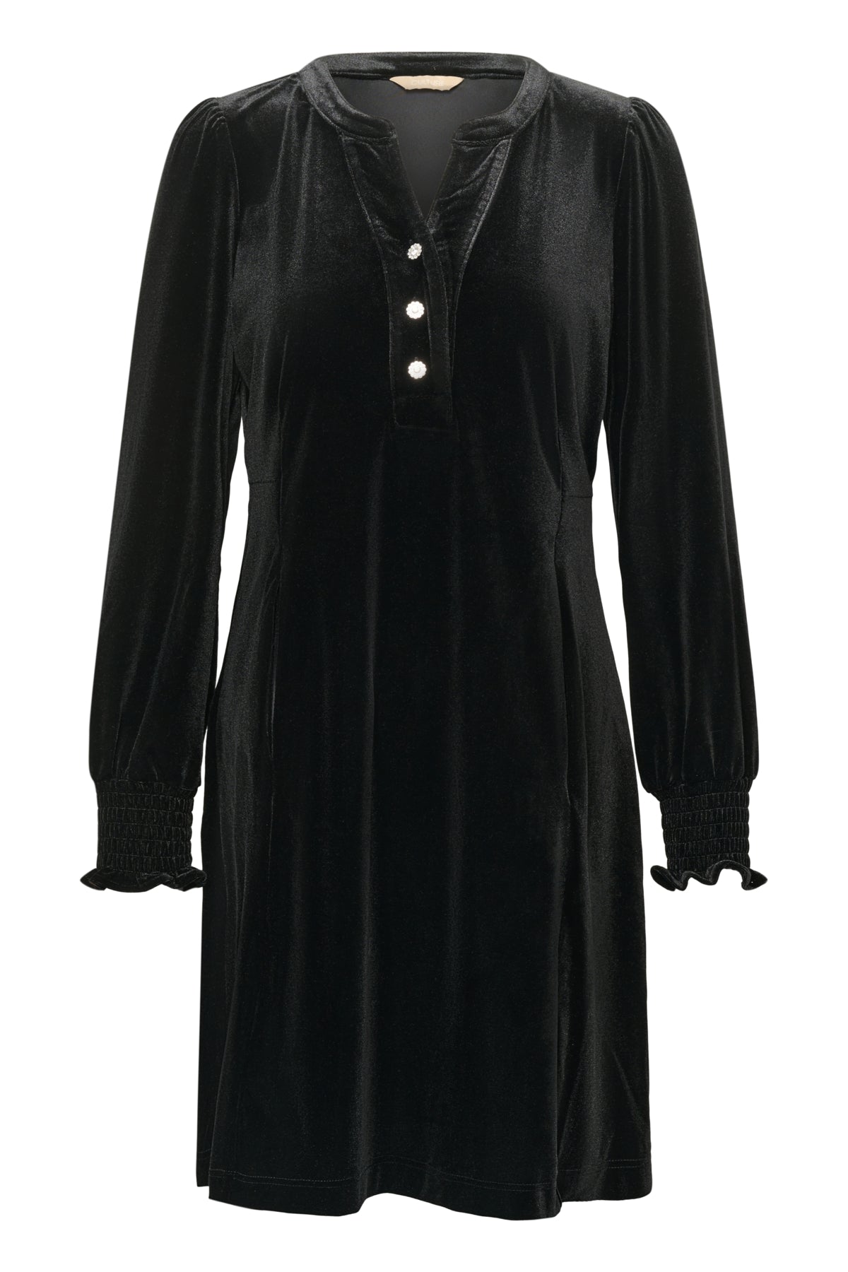 Culture CUchananna Zoe Dress – Meteorittgrå (sort) kjole med dekorative knapper og fløyelsfinish