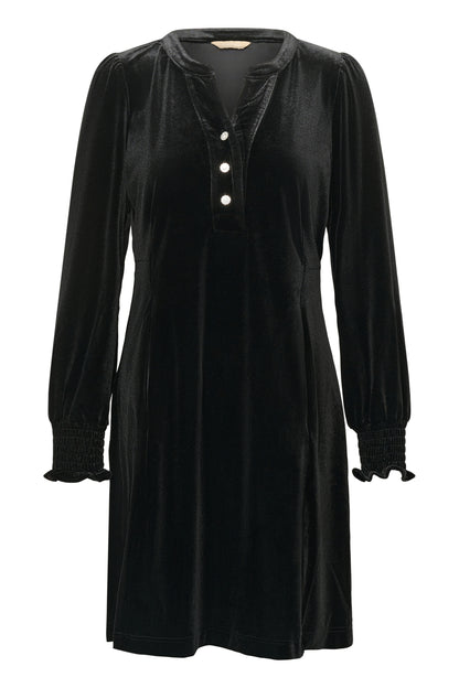 Culture CUchananna Zoe Dress – Meteorittgrå (sort) kjole med dekorative knapper og fløyelsfinish