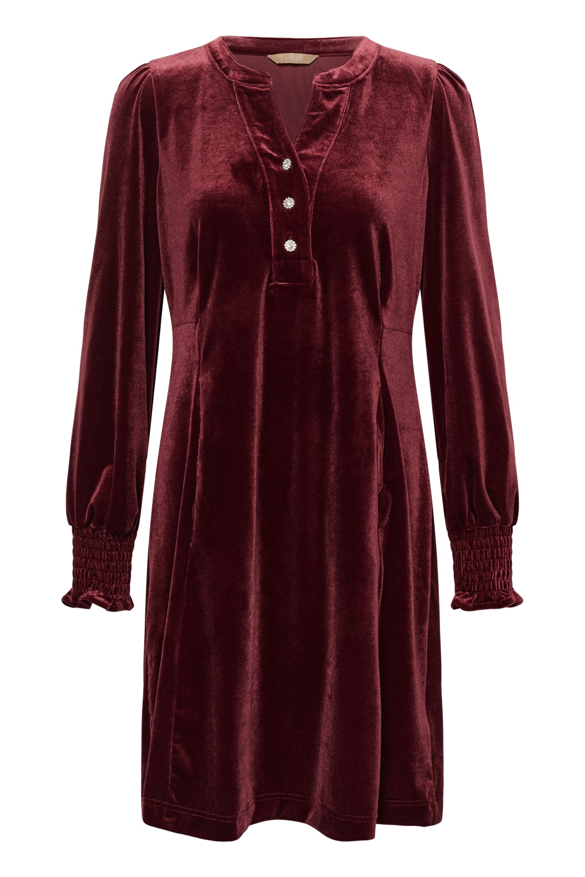 Culture CUchananna Zoe Dress – Vinrød kjole med dekorative knapper og fløyelsfinish