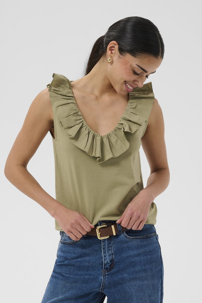 Kaffe KAdidde Flounce Top – Olivengrønn singlet med volanger