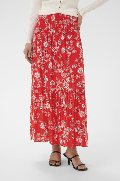 Kaffe KAmaxi Smock Skirt – Rødt blomstrete maxiskjørt med strikk i livet