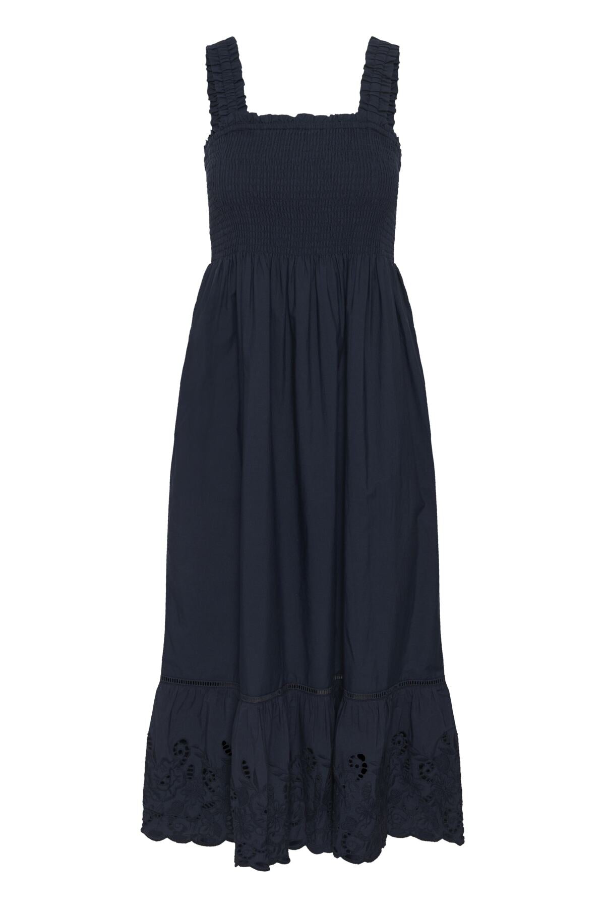 Kaffe KAgertrud Dress – Marineblå midikjole med smocket topp