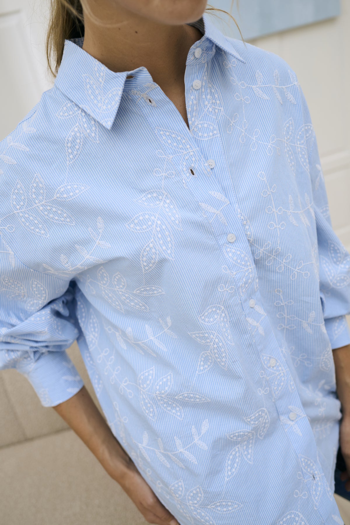 Kaffe Clothing KAmarlee Shirt White Blue Embroidery Stripe