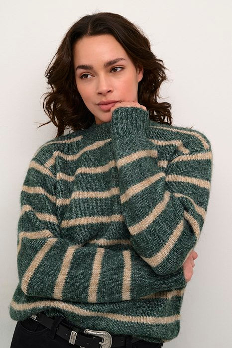 Kaffe Clothing KAtrina Striped Pullover Green Melange Melange Feather Striped