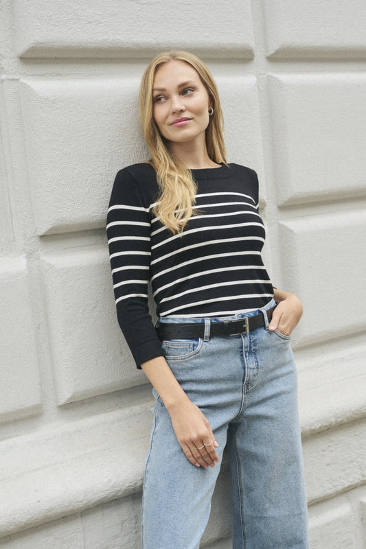 Kaffe Clothing KAlizza Boatneck Pullover Feather Black/Chalk Stripes