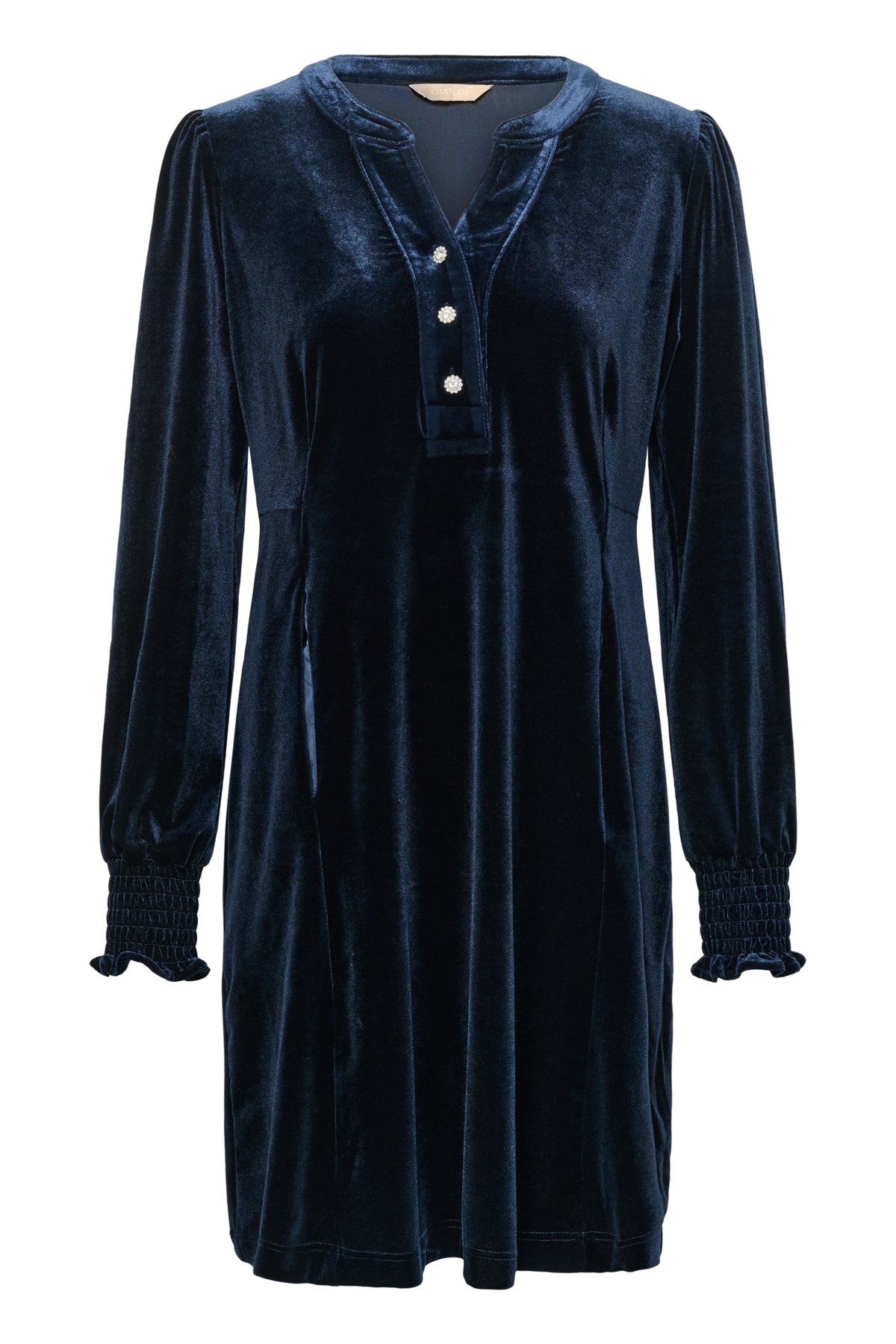 Culture CUchananna Zoe Dress – Mørkeblå kjole med dekorative knapper og fløyelsfinish