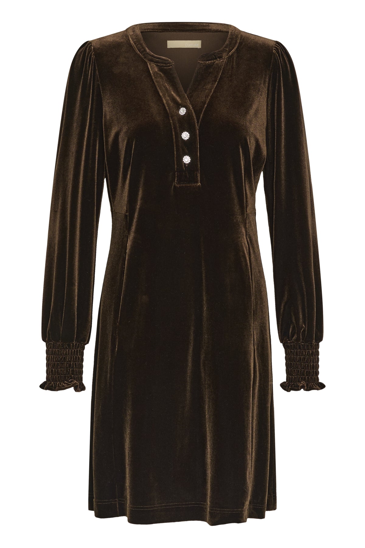Culture CUchananna Zoe Dress – Mørkebrun kjole med dekorative knapper og fløyelsfinish