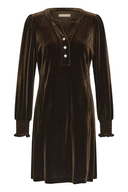 Culture CUchananna Zoe Dress – Mørkebrun kjole med dekorative knapper og fløyelsfinish