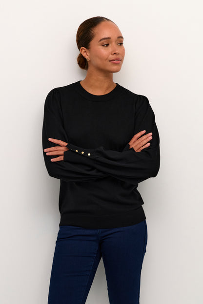 KAlizza Round Neck Knit Pullover Buttons Black