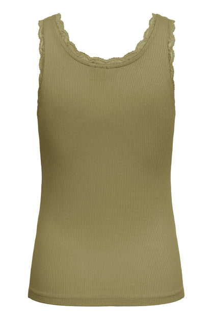Kaffe KAomi – Olivengrønn singlet med blondedetaljer