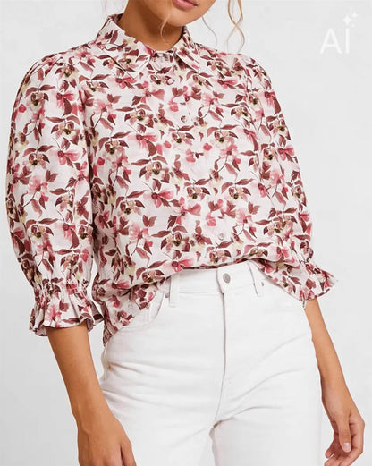 Floyd Norah Millie - Beige skjorte med blomsterprint i varme nyanser