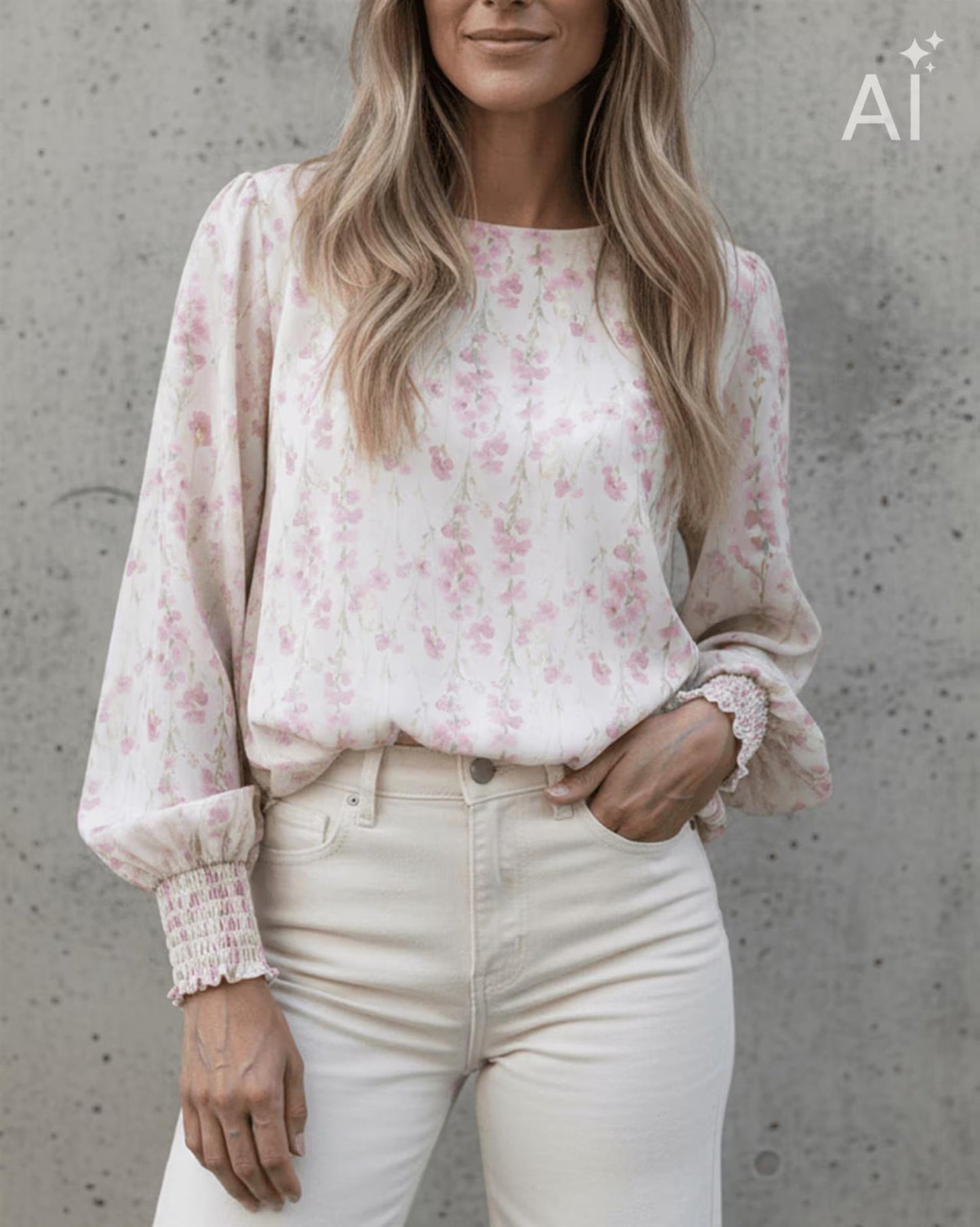 Floyd Bluse Marita Gadi – Offwhite bluse med lyserosa blomsterprint