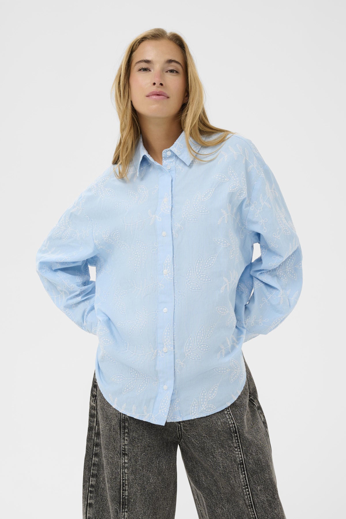 Kaffe Clothing KAmarlee Shirt White Blue Embroidery Stripe