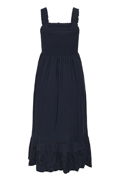 Kaffe KAgertrud Dress – Marineblå midikjole med smocket topp