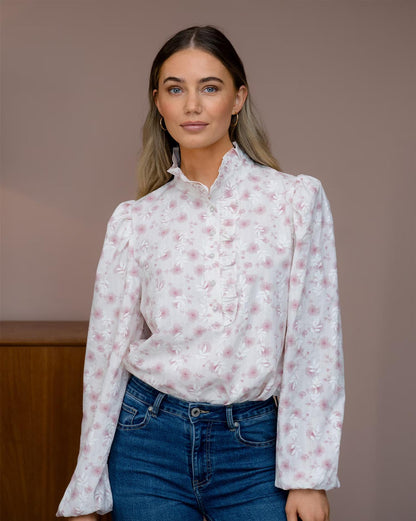 Floyd Vanda – Offwhite blomstrete bluse med høy hals