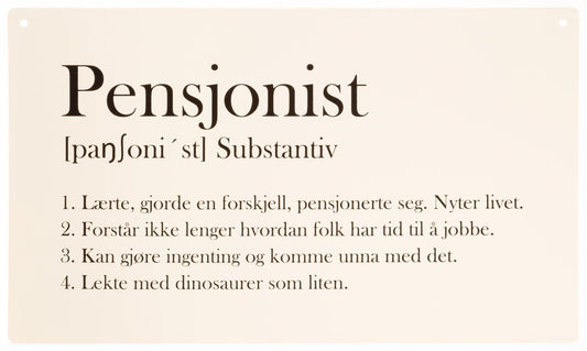 Skilt Avlangt M/tekst Hvit Pensjonist 27x16cm Metall
