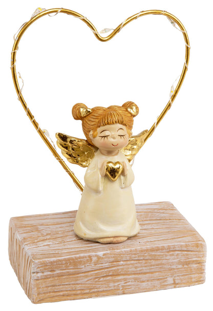 Engel på fot beige/gull LED hjerte 13cm Batteri: 2xAAA