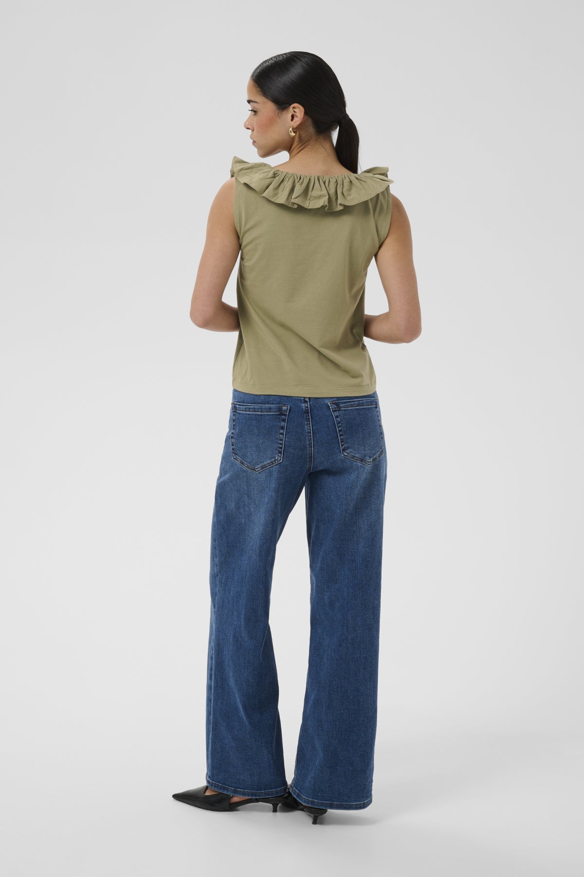 Kaffe KAdidde Flounce Top – Olivengrønn singlet med volanger