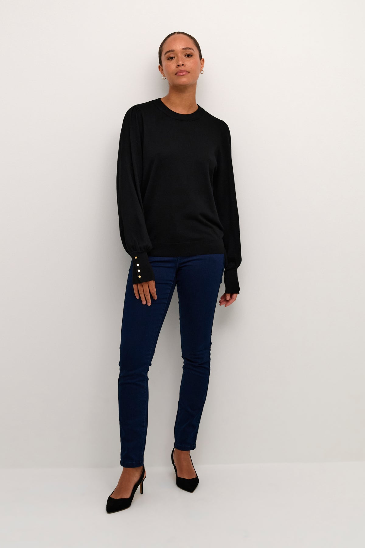 KAlizza Round Neck Knit Pullover Buttons Black