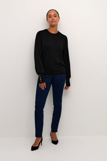 KAlizza Round Neck Knit Pullover Buttons Black